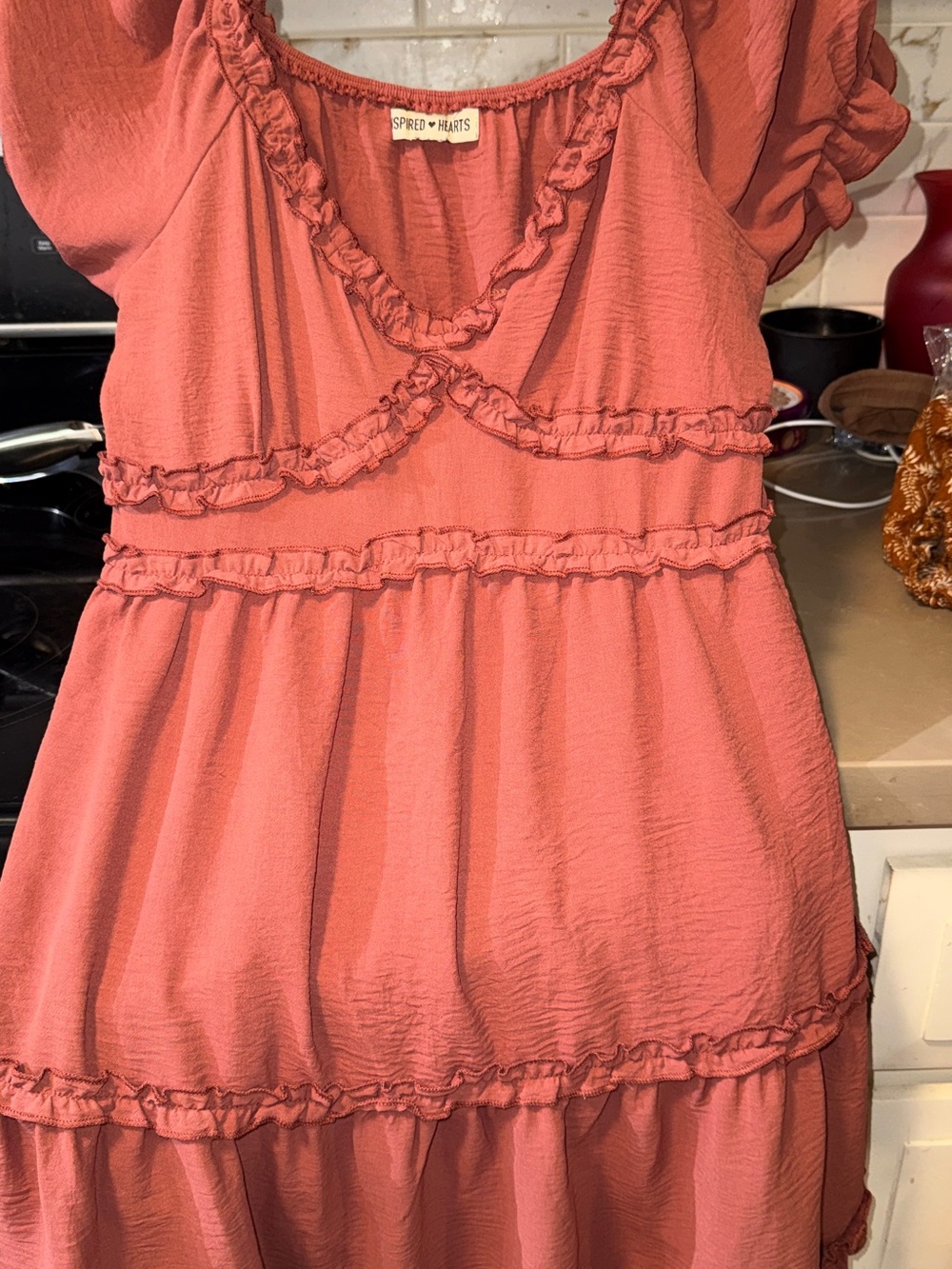 Inspired Hearts Coral Ruffle-Trim Dress